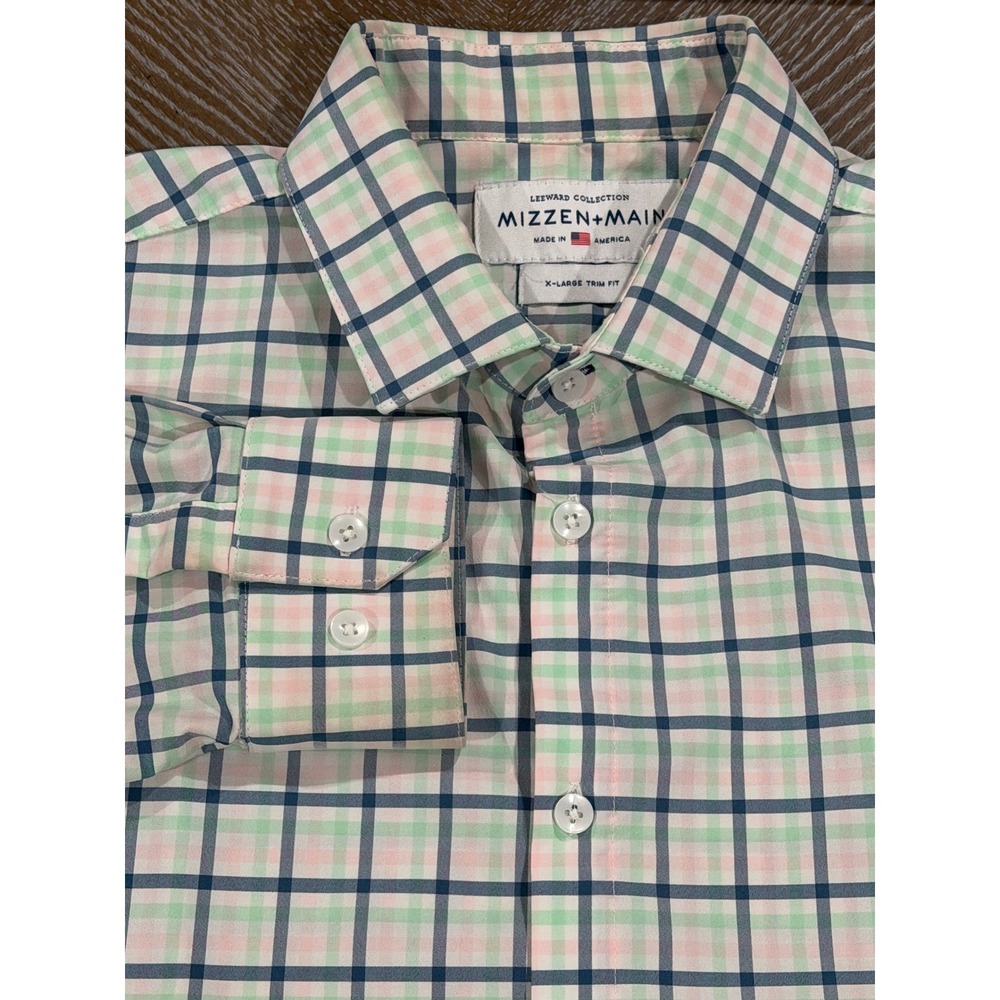 Mizzen+Main Leeward Dress Shirt XL Trim Fit Green Pink Plaid Performance Stretch